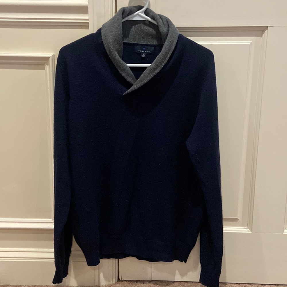 Toscano S navy shawl sweater.